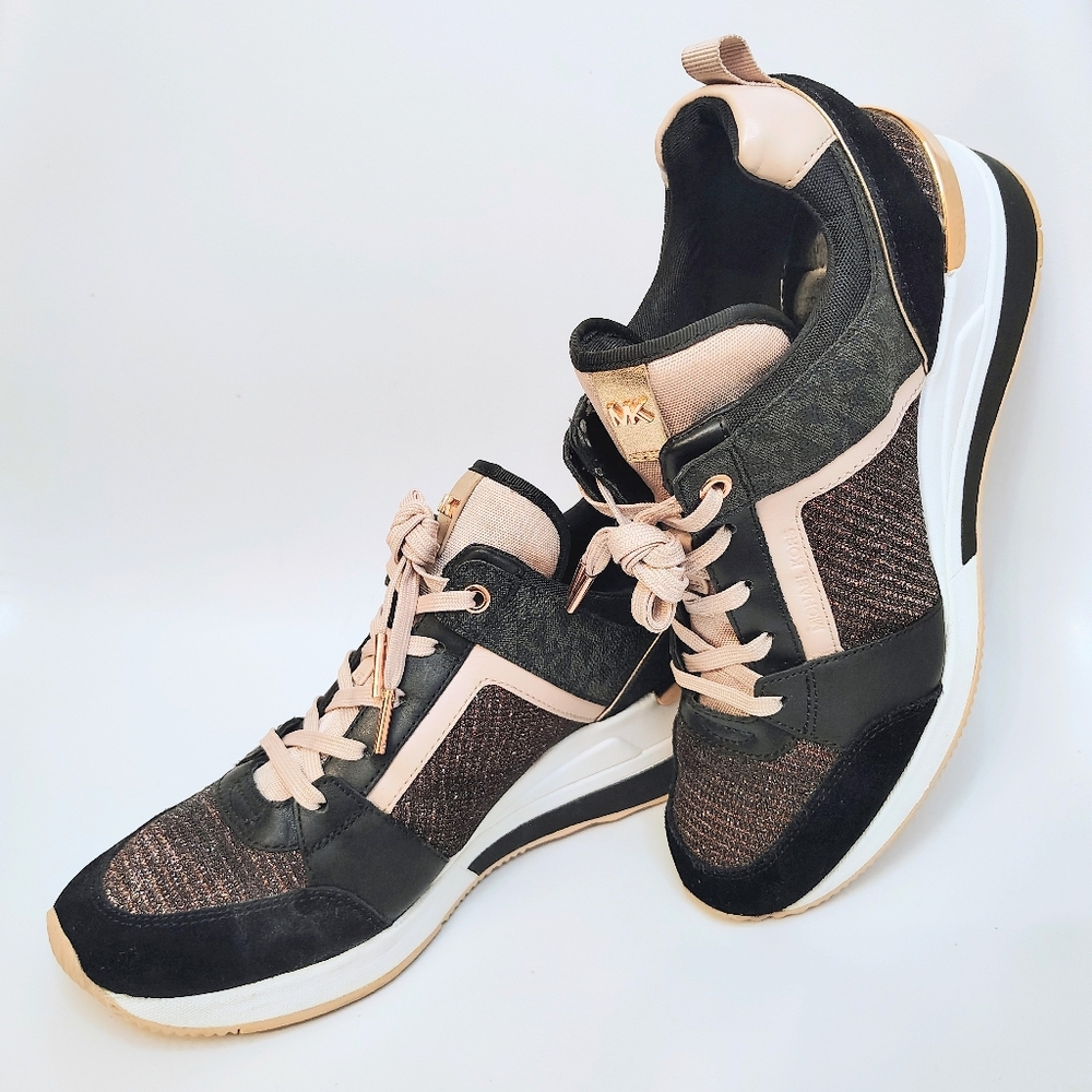 MICHAEL KORS GEORGIE Leather Wedge Sneakers in Black Rose Gold Bling Y2K